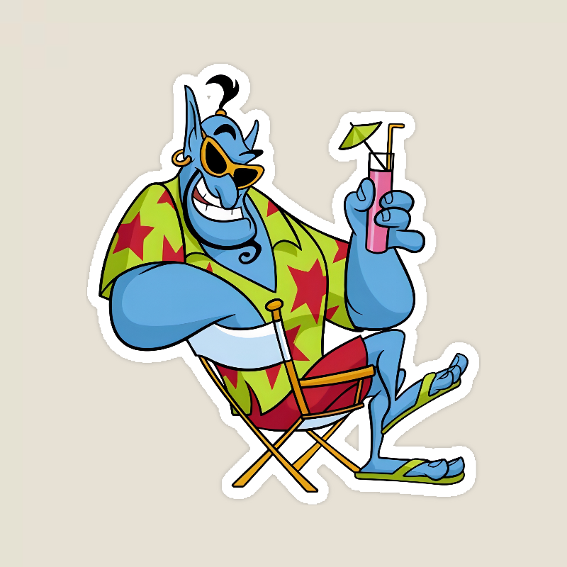 Beach Day Bliss – Relaxed Genie Soaking Up the Sun Sticker