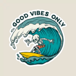 Chill Skeleton Riding Waves with Good Vibes Energy Sticker
