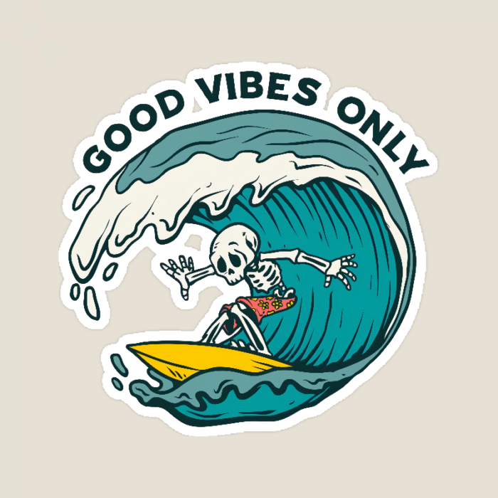 Chill Skeleton Riding Waves with Good Vibes Energy Sticker