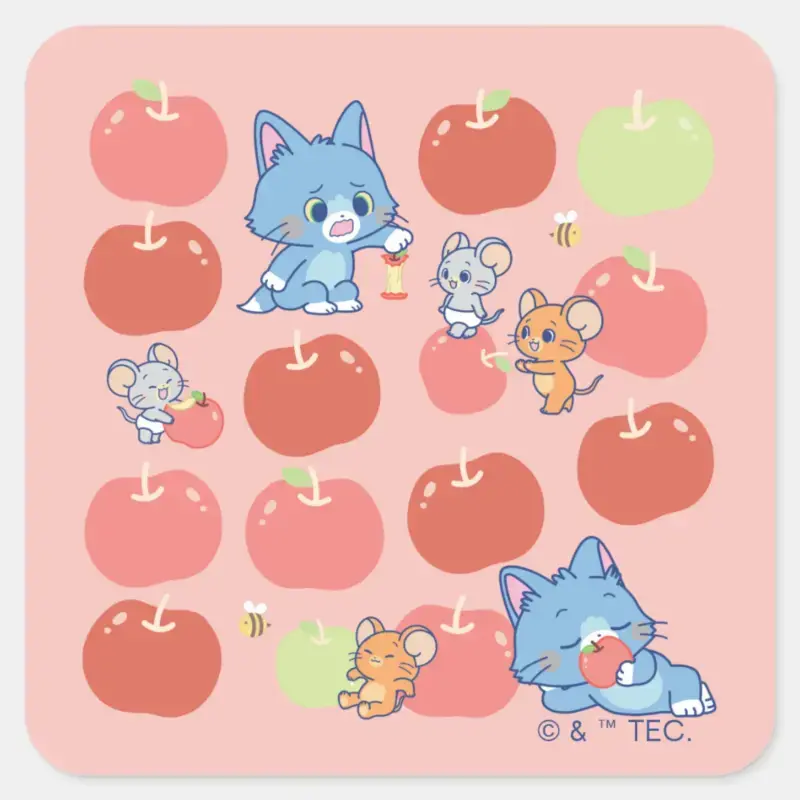 Anime Tom Jerry And Tuffy Apple Pattern Square Sticker