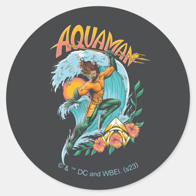 Aquaman And Trident Rising Surf Graphic Classic Round Sticker Aquaman And Trident Rising Surf Graphic Classic Round Sticker
