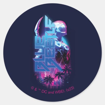 Blue Beetle Retrowave City Lights Classic Round Sticker