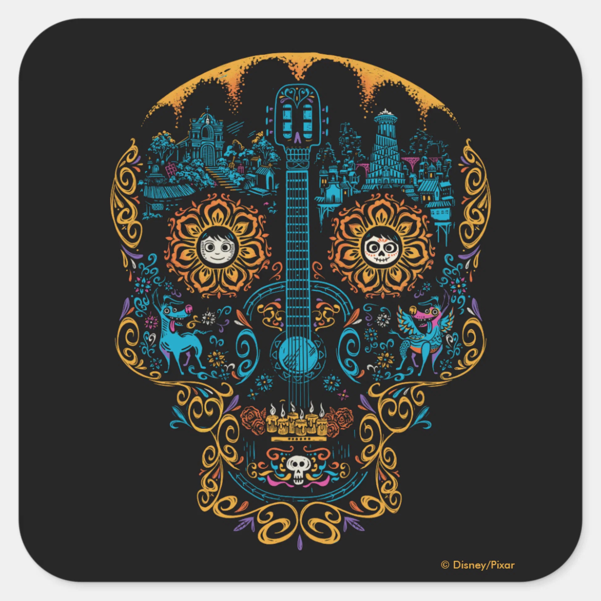 Disney Pixar Coco Colorful Ornate Skull Guitar Square Sticker