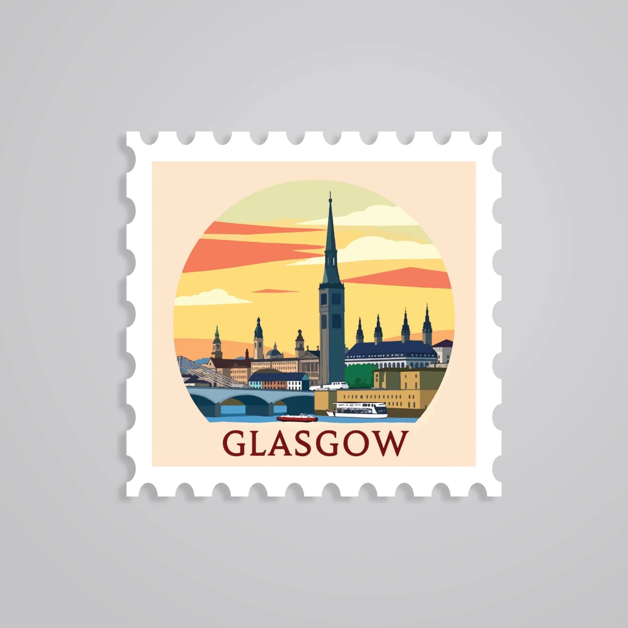 Glasgow Sunset Skyline Post Stamp Travels Stickers
