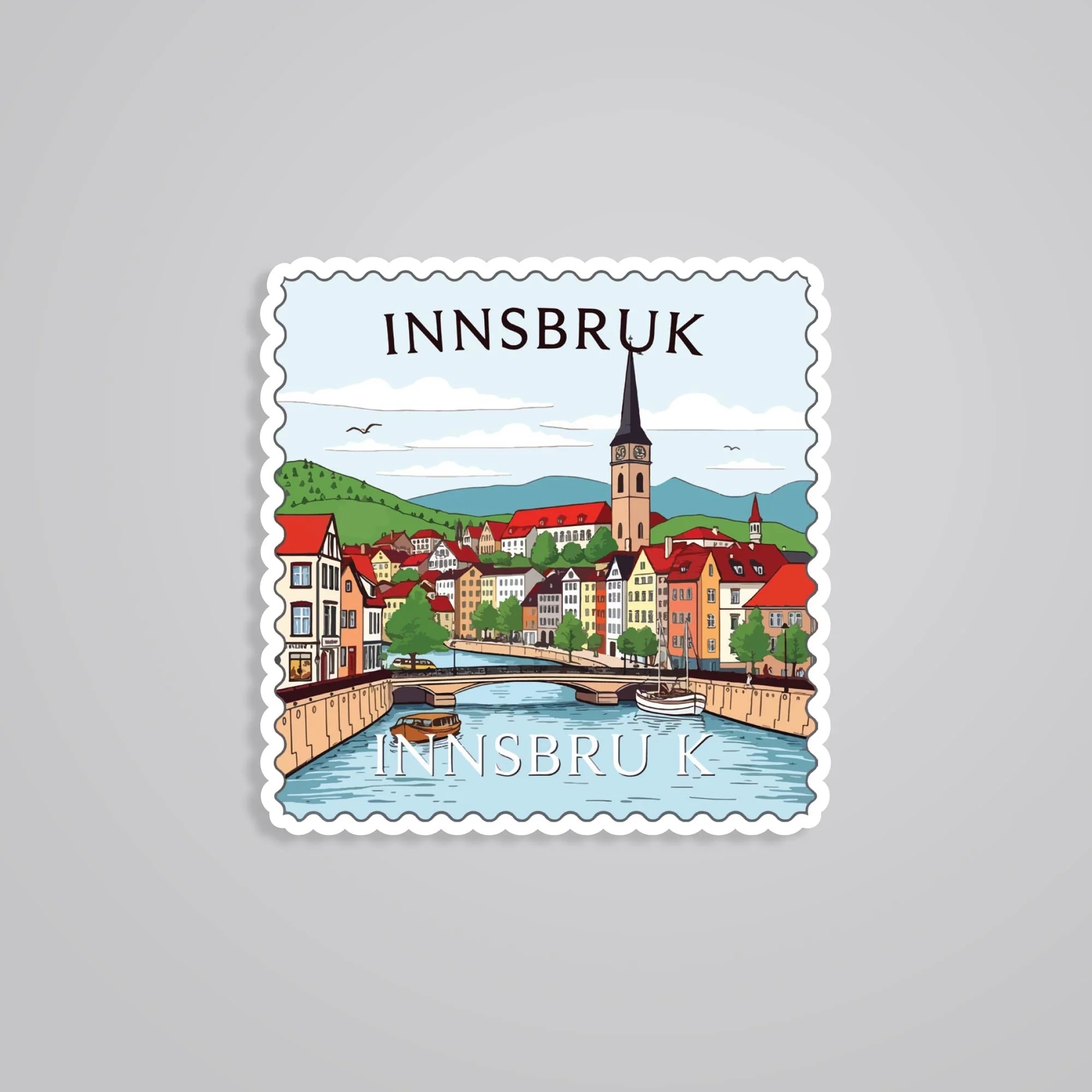 Innsbruck Mountain Village And River Post Stamp Travels Stickers
