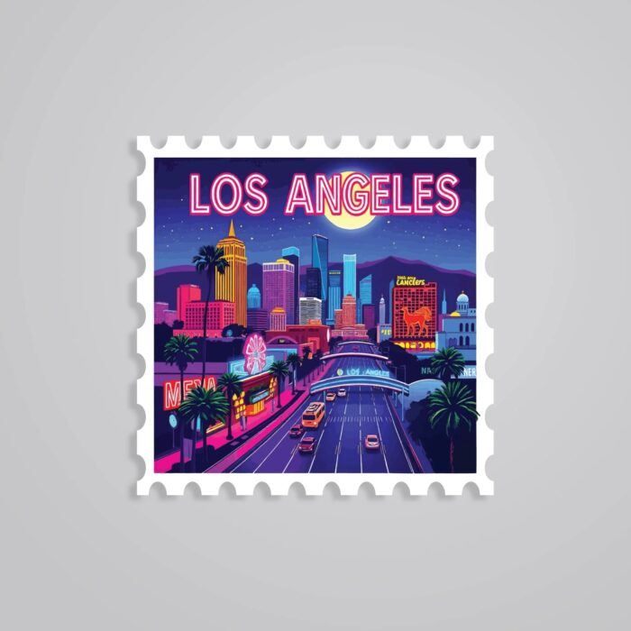 Los Angeles Neon Night Skyline Post Stamp Travels Stickers