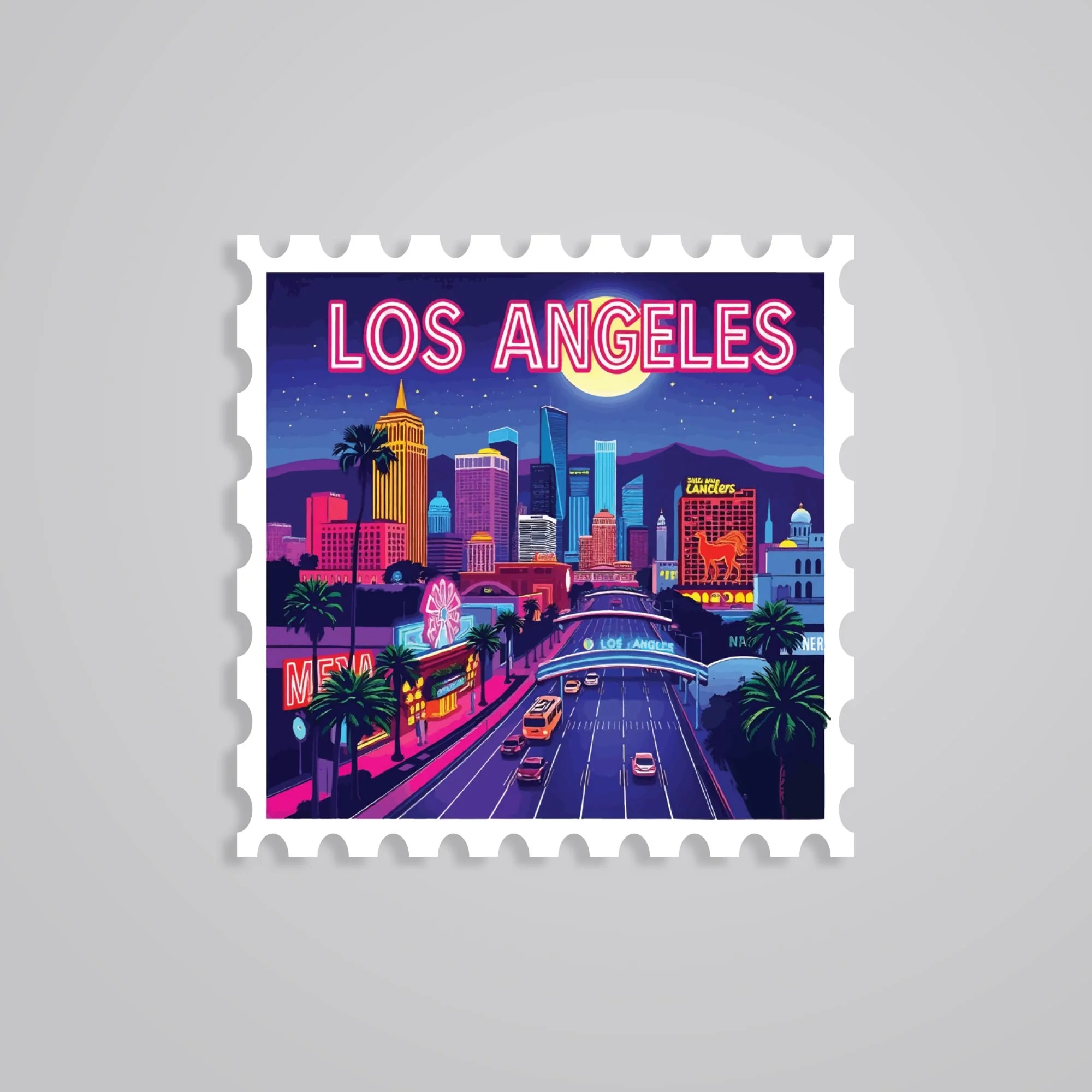 Los Angeles Neon Night Skyline Post Stamp Travels Stickers