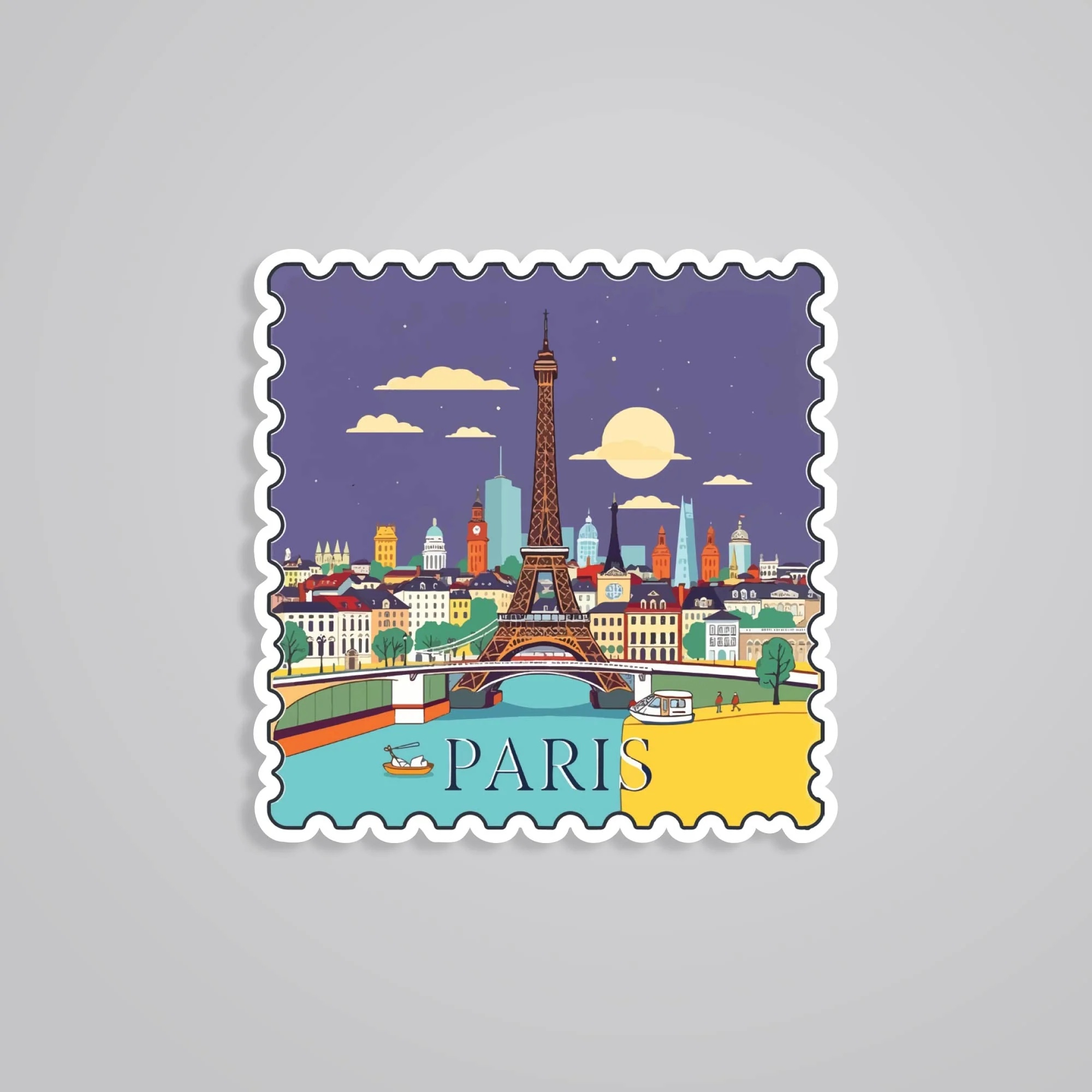 Paris Eiffel Tower Night Skyline Post Stamp Travels Stickers