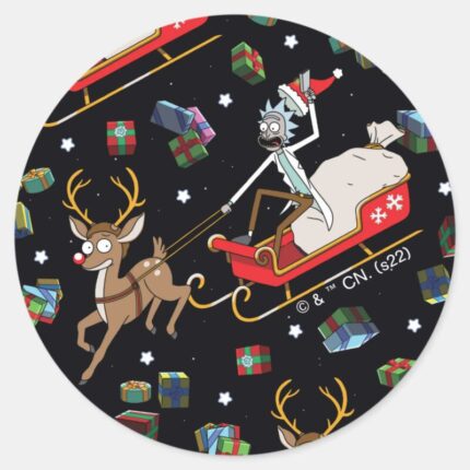 Rick And Morty Christmas Reindeer Sleigh Pattern Classic Round Sticker