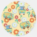 Scooby Doo Mystery Machine Flower Pattern Classic Round Sticker