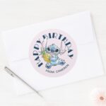 Stitch Holding Pineapple Happy Birthday Classic Round Sticker