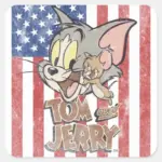 Tom Jerry With US Flag Square Sticker