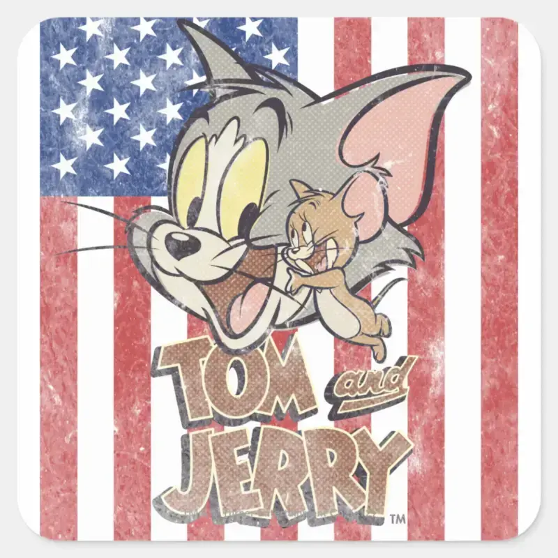 Tom Jerry With US Flag Square Sticker
