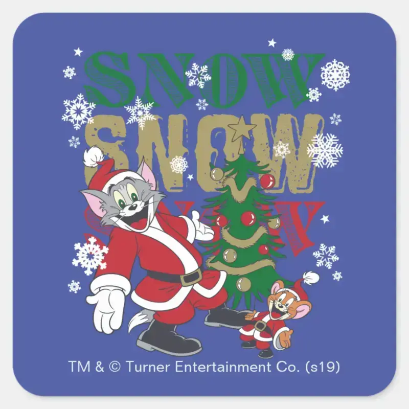 Tom And Jerry Santas By The Tree Square Sticker