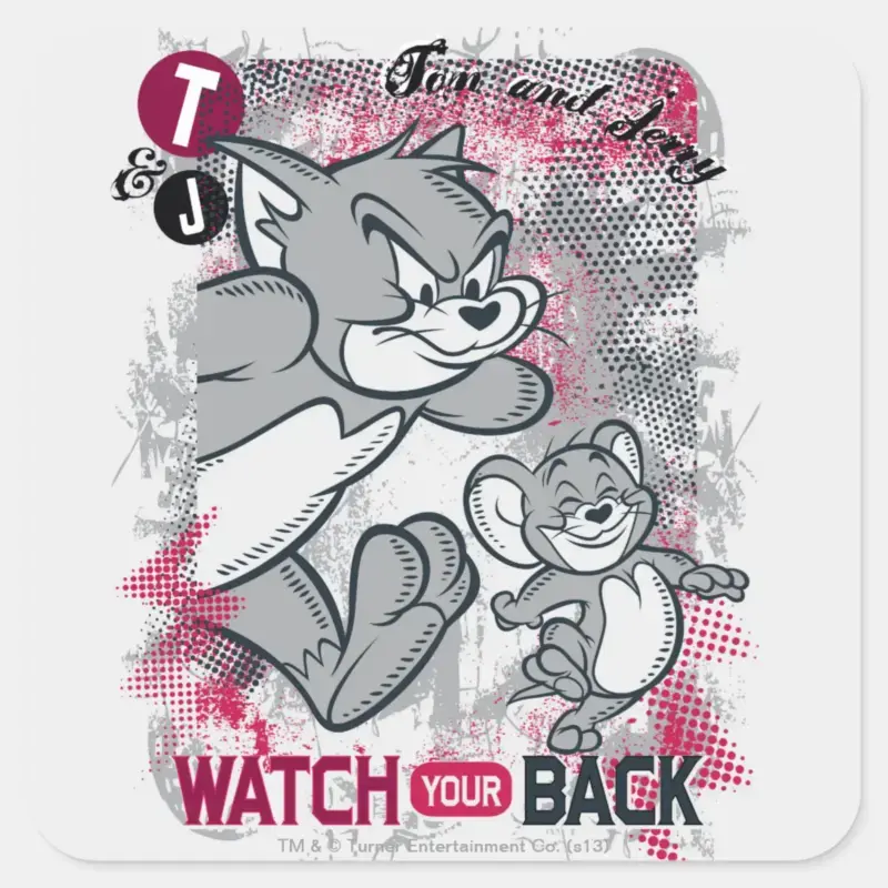Tom And Jerry Watch Your Back Square Sticker