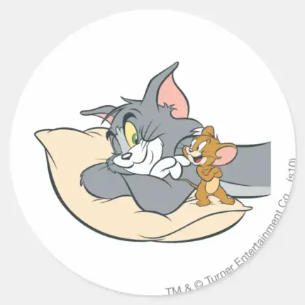 Tom And Jerry On Pillow Classic Round Sticker