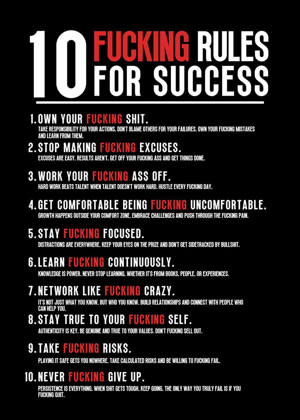 10 Fucking Rules for Success motivational Quote Poster