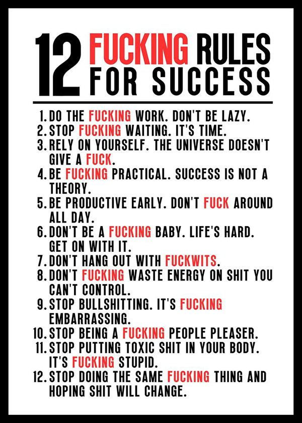 12 Fucking Rules for Success motivational Quote Poster