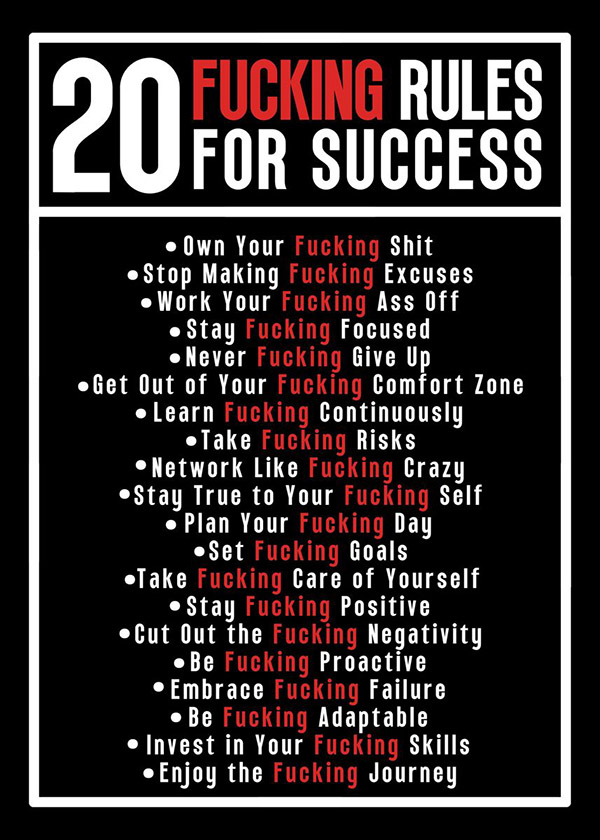 20 Fucking Rules for Success motivational Quote Poster