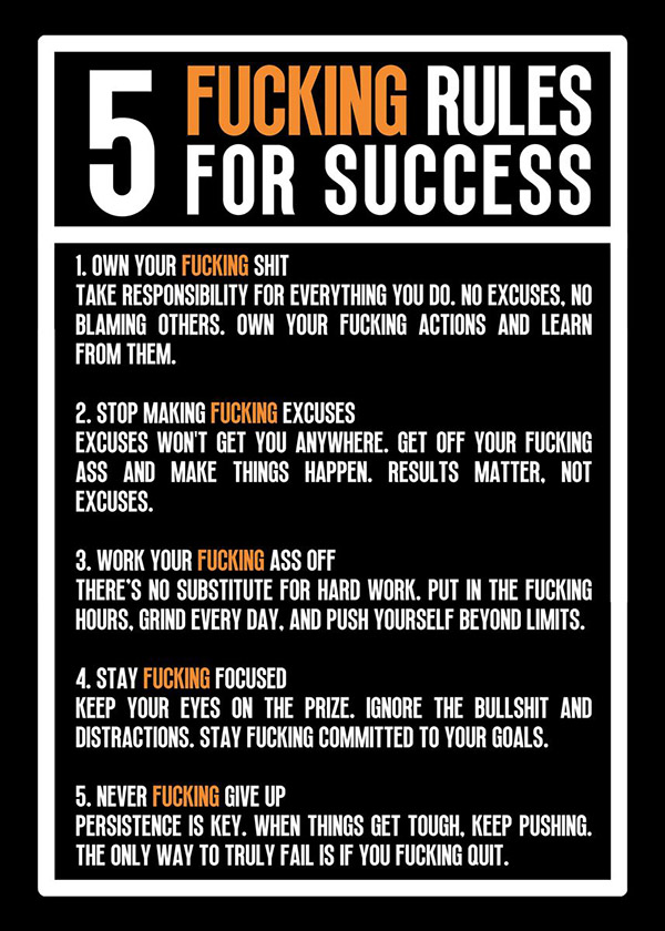 5 Fucking Rules for Success motivational Quote Poster