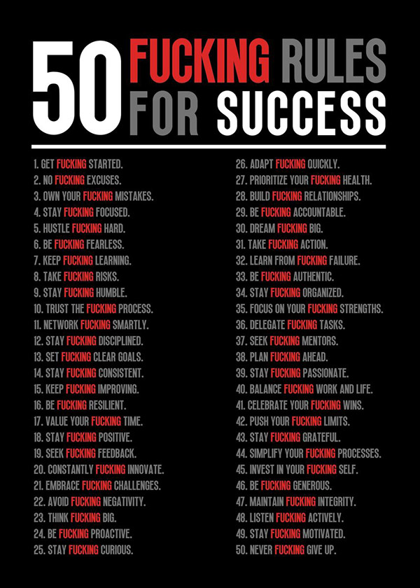 50 Fucking Rules for Success motivational Quote Poster