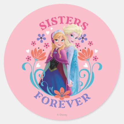 Anna And Elsa Sisters With Flowers Classic Round Sticker