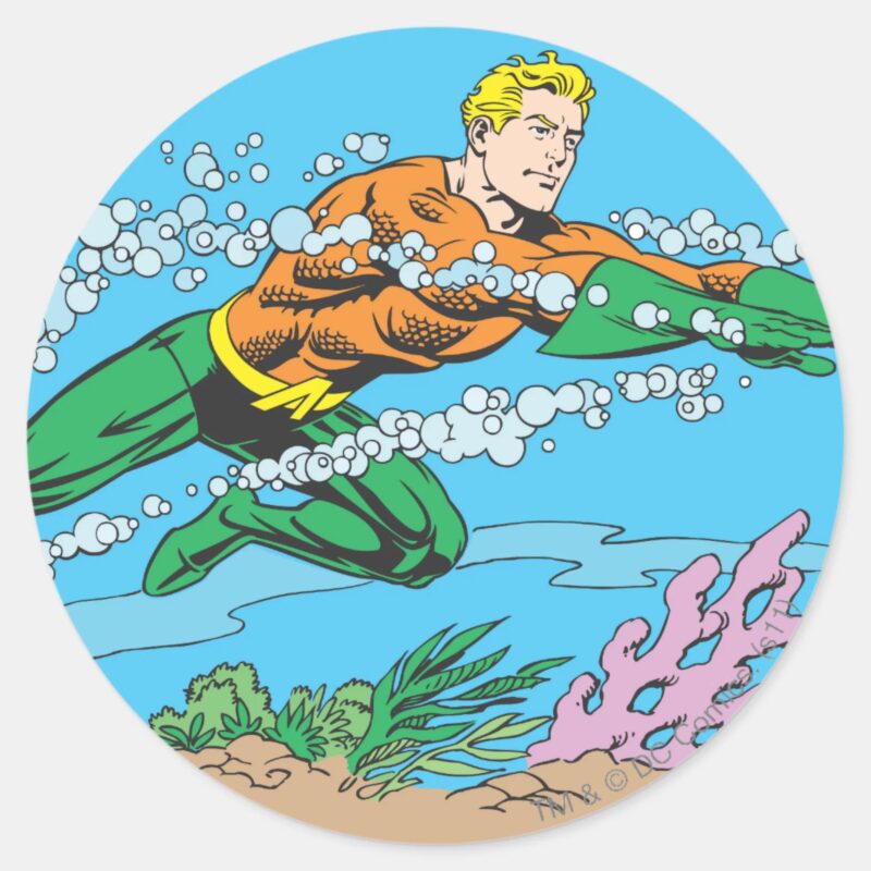 Aquaman Dashes Thru Water Classic Round Sticker Aquaman Dashes Thru Water Classic Round Sticker