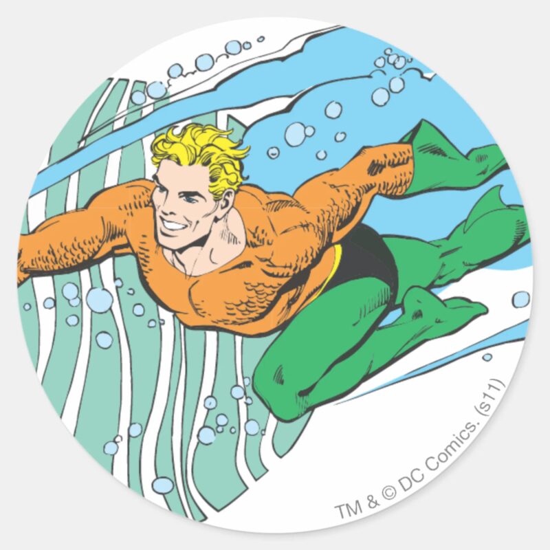 Aquaman Leaps Left Classic Round Sticker Aquaman Leaps Left Classic Round Sticker
