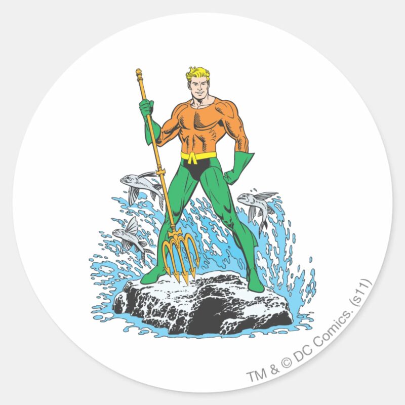 Aquaman Stands With Pitchfork Classic Round Sticker Aquaman Stands With Pitchfork Classic Round Sticker