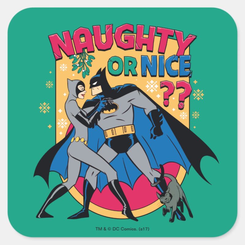 Batman Catwoman Under Mistletoe Naughty Or Nice Square Sticker Batman Catwoman Under Mistletoe Naughty Or Nice Square Sticker