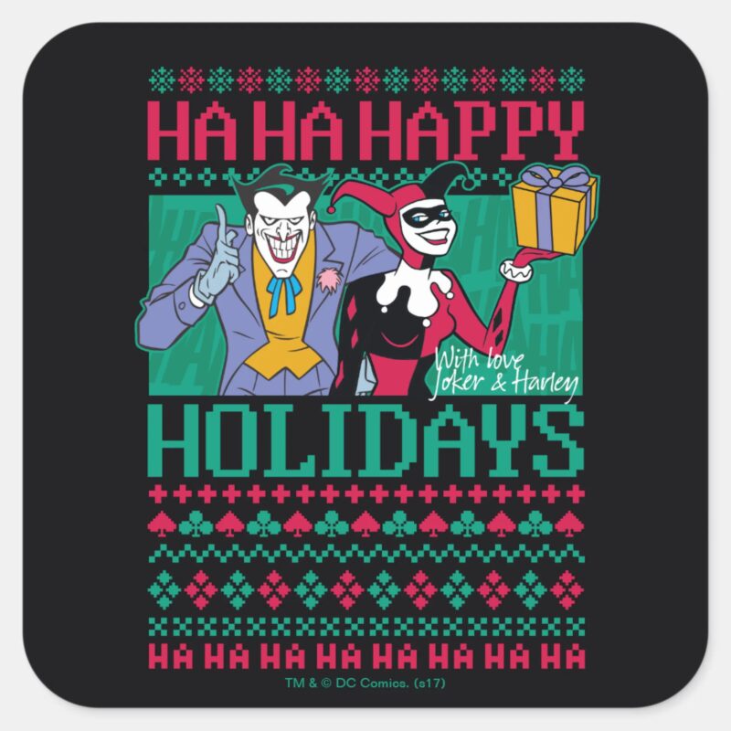 Batman Happy Holidays Joker Harley Quinn Square Sticker Batman Happy Holidays Joker Harley Quinn Square Sticker