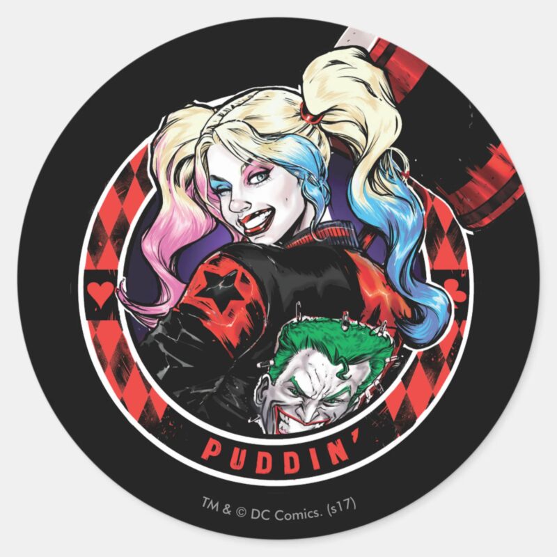 Batman Harley Quinn Winking With Mallet Classic Round Sticker Batman Harley Quinn Winking With Mallet Classic Round Sticker