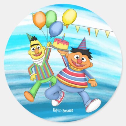 Bert And Ernie Birthday Balloons Classic Round Sticker
