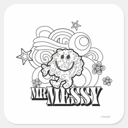 Black White Mr. Messy Stars Swirls Square Sticker
