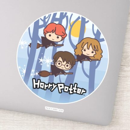 Cartoon Harry Ron Hermione Flying In Woods Sticker