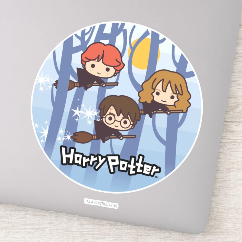 Cartoon Harry Ron Hermione Flying In Woods Sticker Cartoon Harry Ron Hermione Flying In Woods Sticker