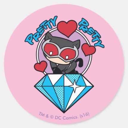 Chibi Catwoman Sitting Atop Large Diamond Classic Round Sticker