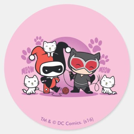 Chibi Harley Quinn Chibi Catwoman With Cats Classic Round Sticker
