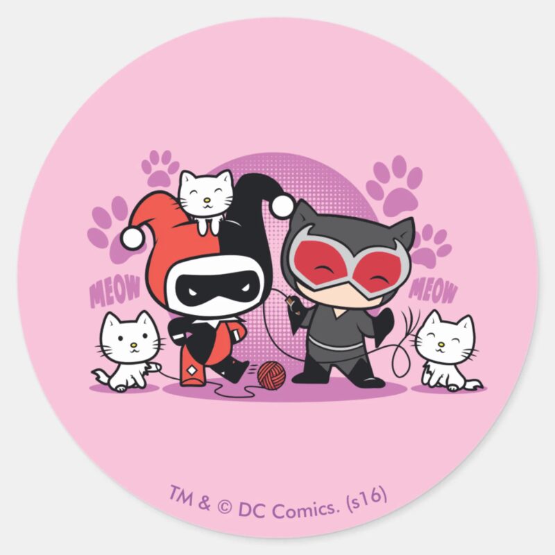Chibi Harley Quinn Chibi Catwoman With Cats Classic Round Sticker