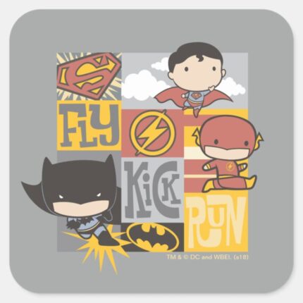 Chibi Justice League Fly Kick Run Square Sticker