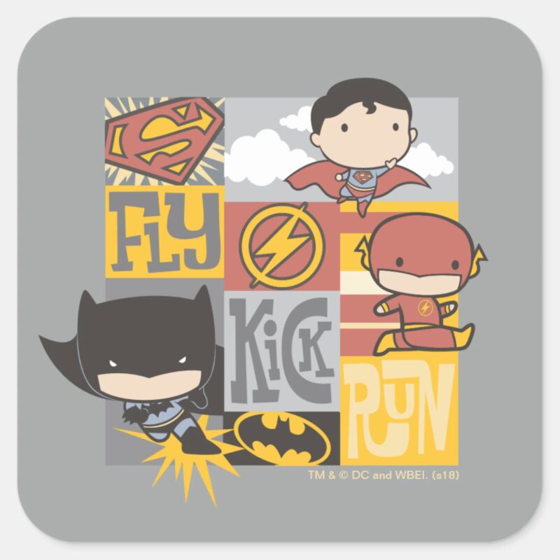 Chibi Justice League Fly Kick Run Square Sticker Chibi Justice League Fly Kick Run Square Sticker