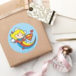 Chibi Supergirl Flying Rainbow Classic Round Sticker