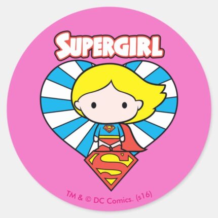 Chibi Supergirl Starburst Heart And Logo Classic Round Sticker