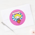 Chibi Supergirl Starburst Heart And Logo Classic Round Sticker