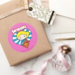 Chibi Supergirl Starburst Heart And Logo Classic Round Sticker