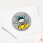 Chibi Superman Smashing Through Brick Wall Classic Round Sticker