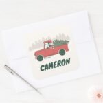 Christmas Mickey Mouse Vintage Truck Add Name Square Sticker