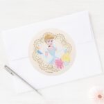 Cinderella Floral Gold Confetti Classic Round Sticker