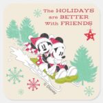 Classic Mickey And Minnie Snow Sledding Square Sticker