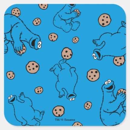 Cookie Monster And Cookies Blue Pattern Square Sticker